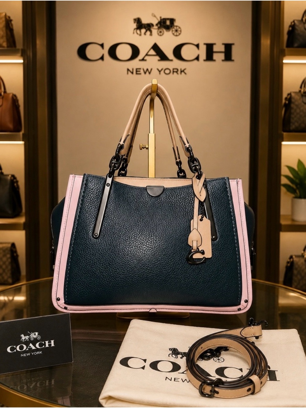 Coach Dreamer Pebbled Leather Satchel in Navy, Pink and Beige